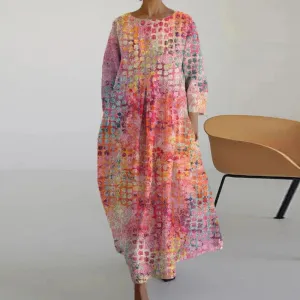 Loose Holiday Women Casual Pattern Printed Pocket Pullover Spring O-Neck Floral Bohemian Dress