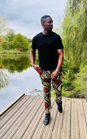 The Zembe Men Ankara African Print Slim Fit Trousers Pants in Red by Eldimaa Fashion