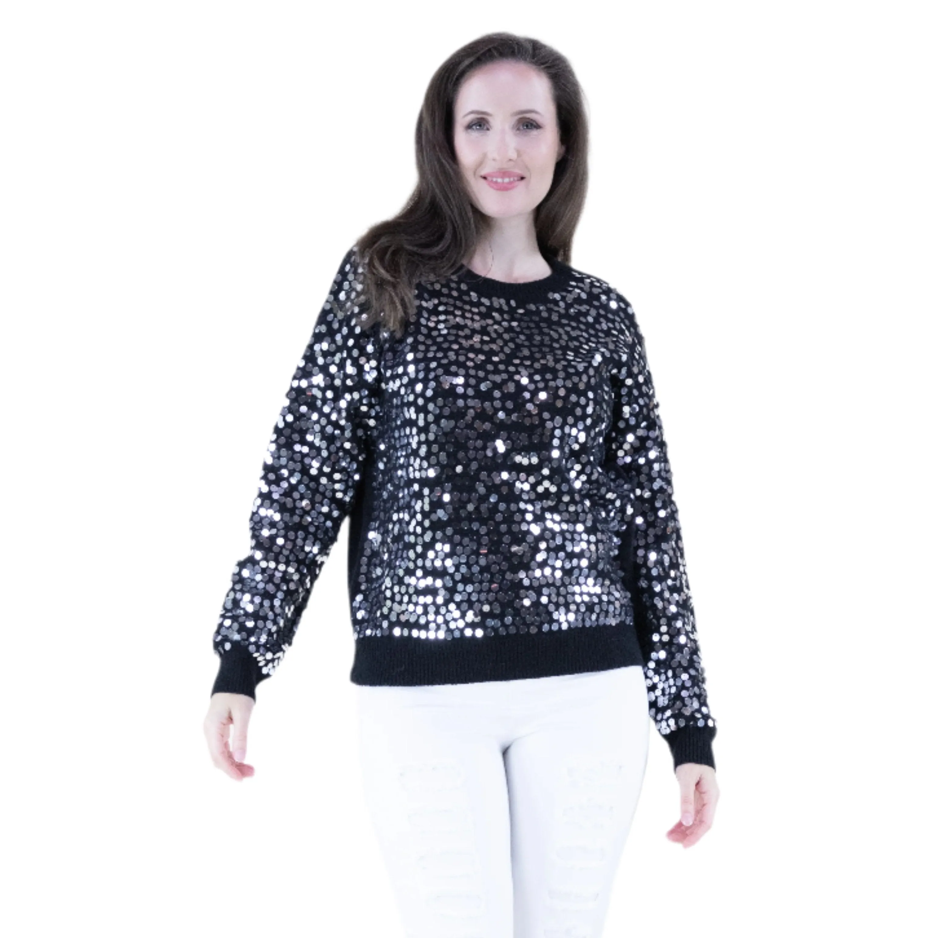 038- Very Moda Black Sequin Crew Neck Pullover Sweater