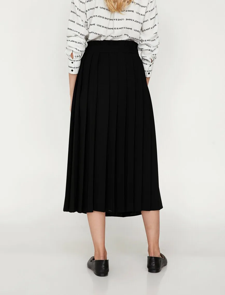 12172 Black Waist Detailed Midi Skirt