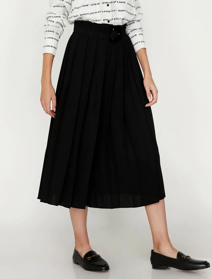 12172 Black Waist Detailed Midi Skirt