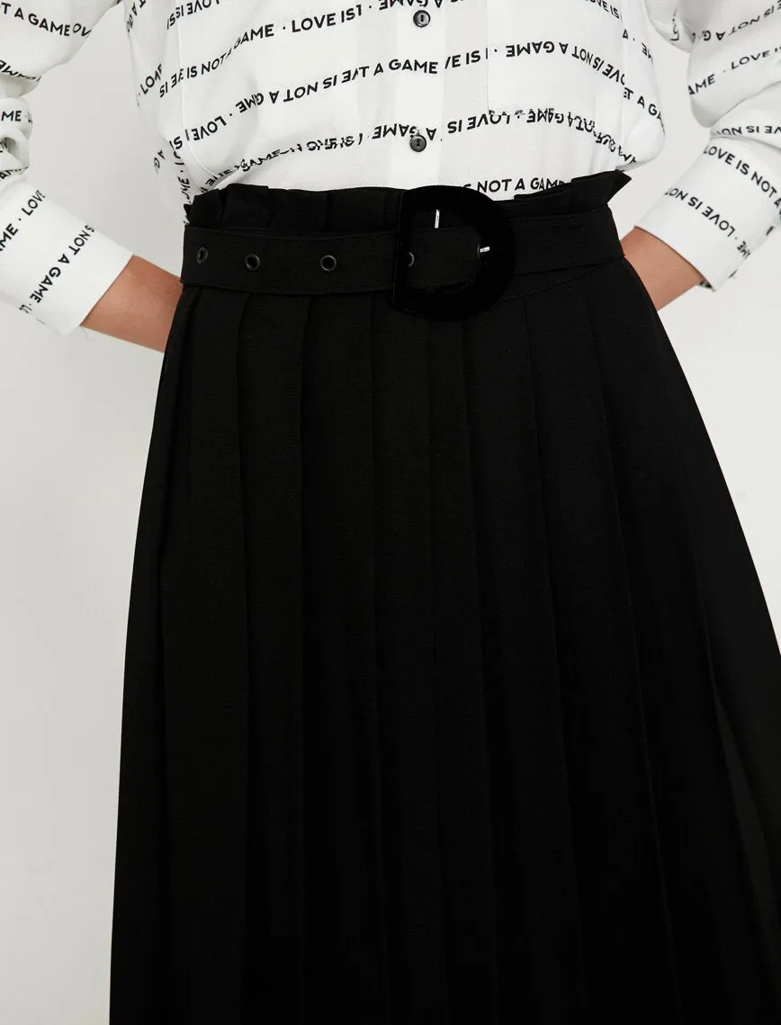 12172 Black Waist Detailed Midi Skirt