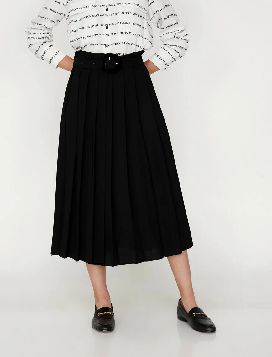 12172 Black Waist Detailed Midi Skirt