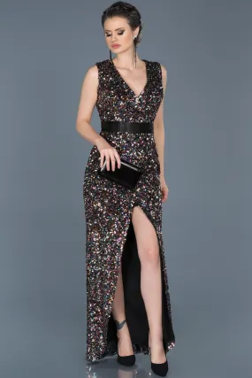 16078 Multi Colour Sequined Slit Dress