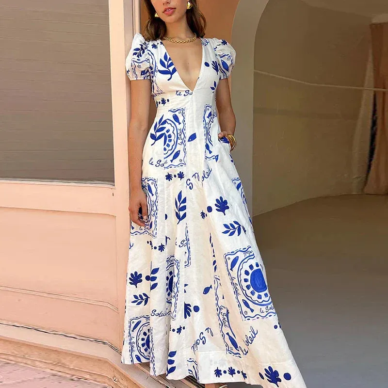 2024 Fashion Pattern Printed Party Women's Elegant Puff Sleeves Slim Sexy Low Cut Deep V High Waist Long Floral New Dress