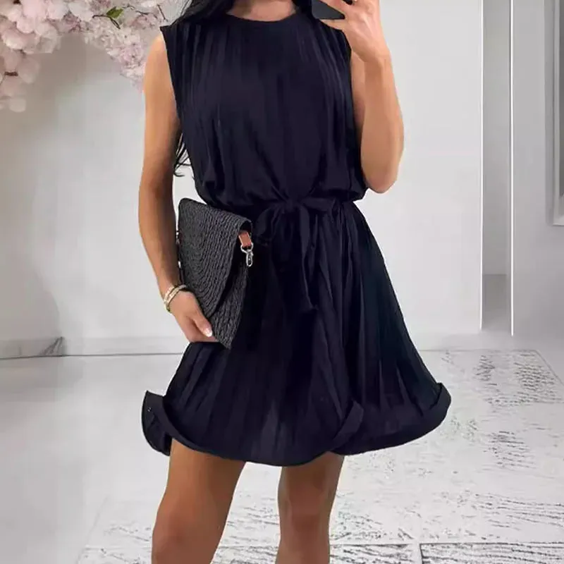 2024 Pleat O-Neck Party Dress Ladies Flounced Edge Solid Mini Dress Sexy Elegant Women Dress