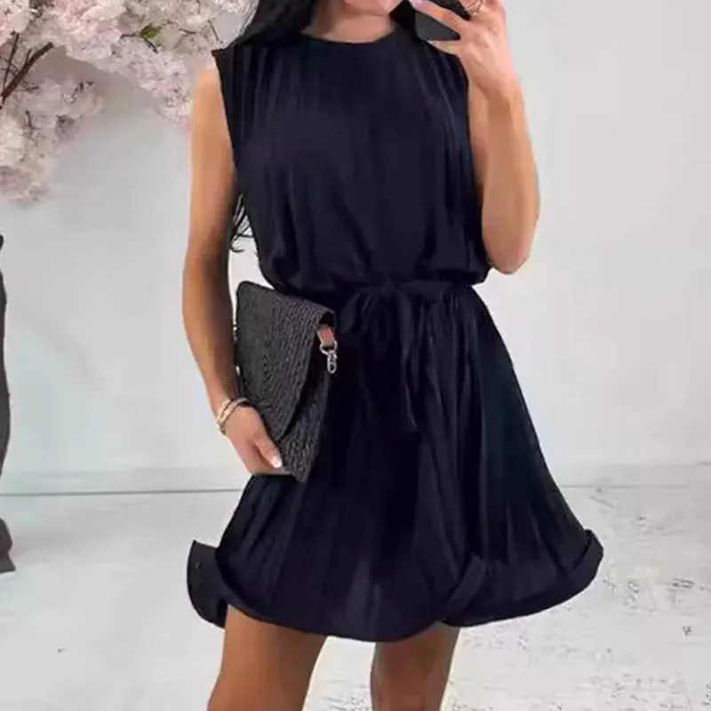 2024 Pleat O-Neck Party Dress Ladies Flounced Edge Solid Mini Dress Sexy Elegant Women Dress