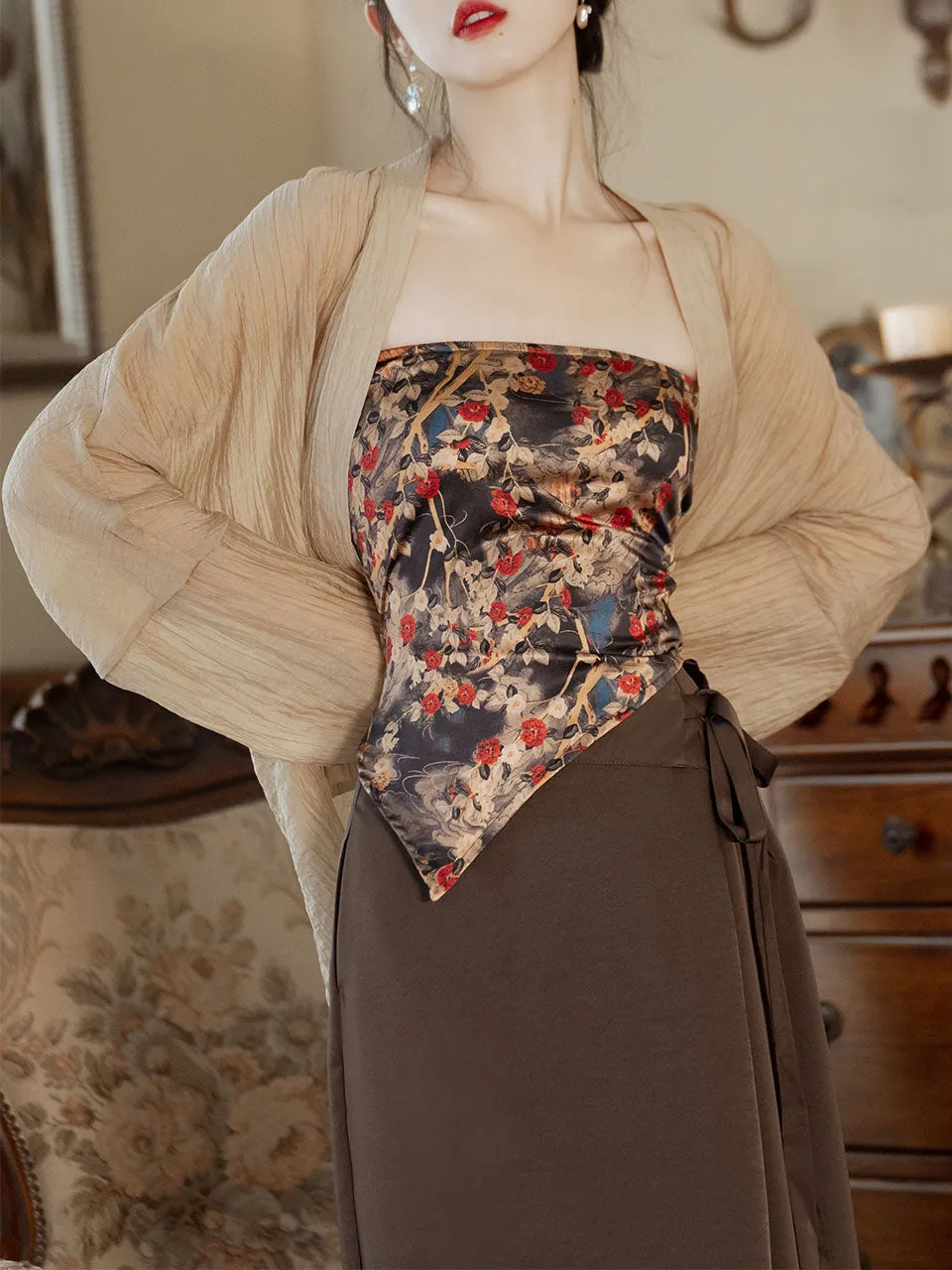 3PS Brown Floral Tube Top and Slit Skirt 1950s Cardigan Suit