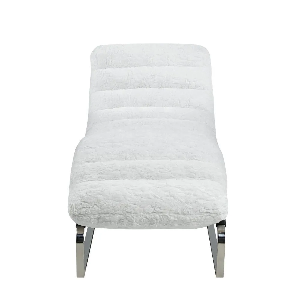 60 Inch Chaise Lounger, White Teddy Sherpa Upholstery, Stainless Steel Legs By Casagear Home