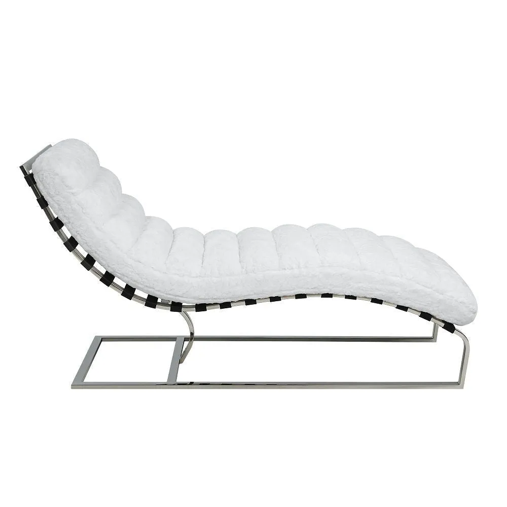 60 Inch Chaise Lounger, White Teddy Sherpa Upholstery, Stainless Steel Legs By Casagear Home