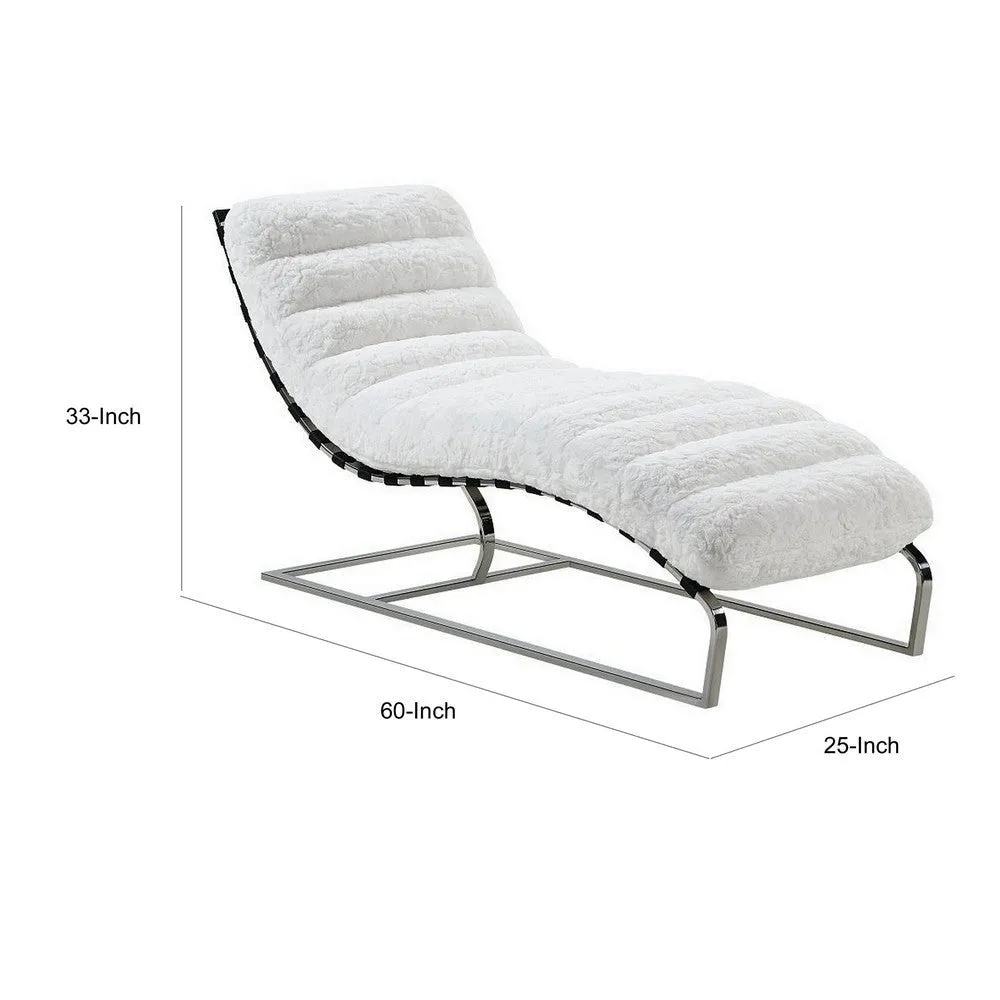 60 Inch Chaise Lounger, White Teddy Sherpa Upholstery, Stainless Steel Legs By Casagear Home