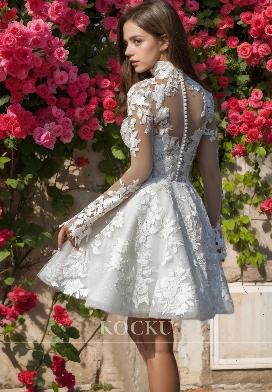 A-Line High Neck Long Sleeves Short Pleated Lace Beach Wedding Dress with Appliques Boho Gowns