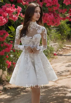 A-Line High Neck Long Sleeves Short Pleated Lace Beach Wedding Dress with Appliques Boho Gowns