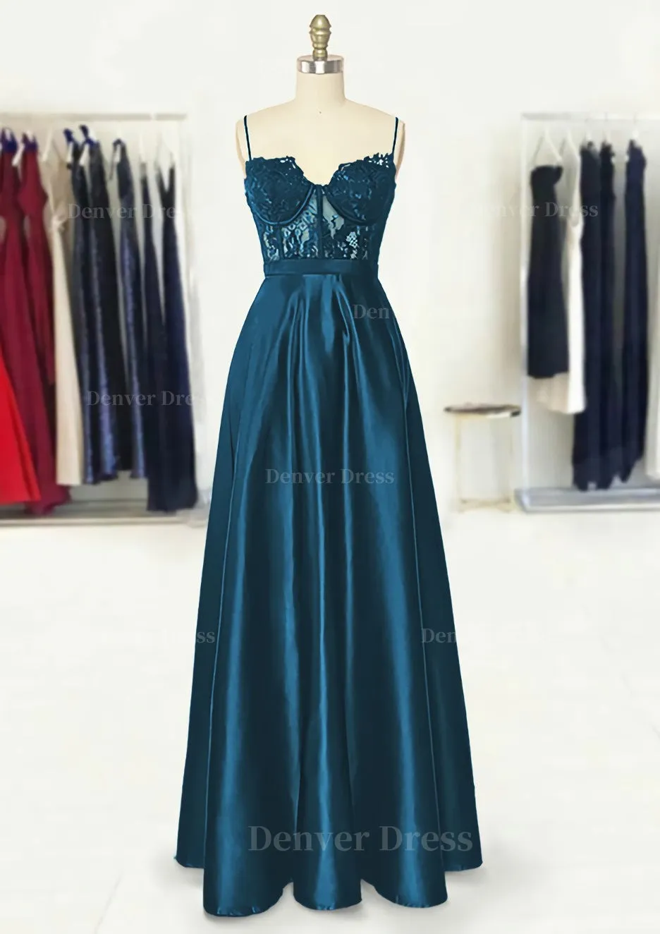 A-line Sweetheart Spaghetti Straps Long/Floor-Length Satin Prom Dress With Appliqued Pockets