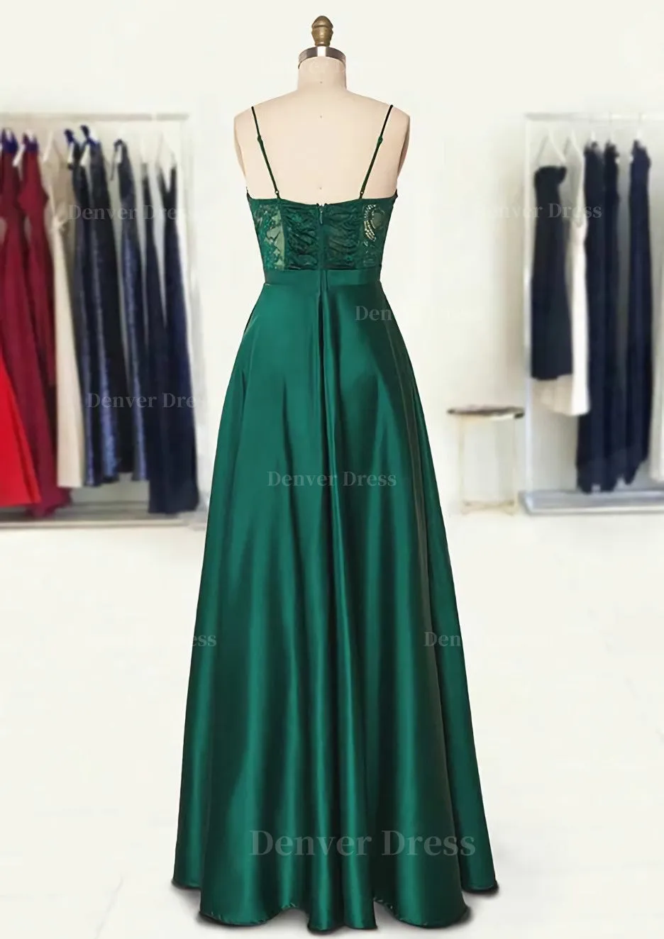 A-line Sweetheart Spaghetti Straps Long/Floor-Length Satin Prom Dress With Appliqued Pockets