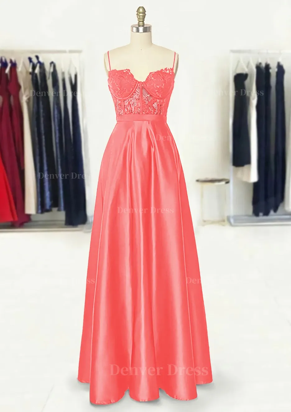 A-line Sweetheart Spaghetti Straps Long/Floor-Length Satin Prom Dress With Appliqued Pockets