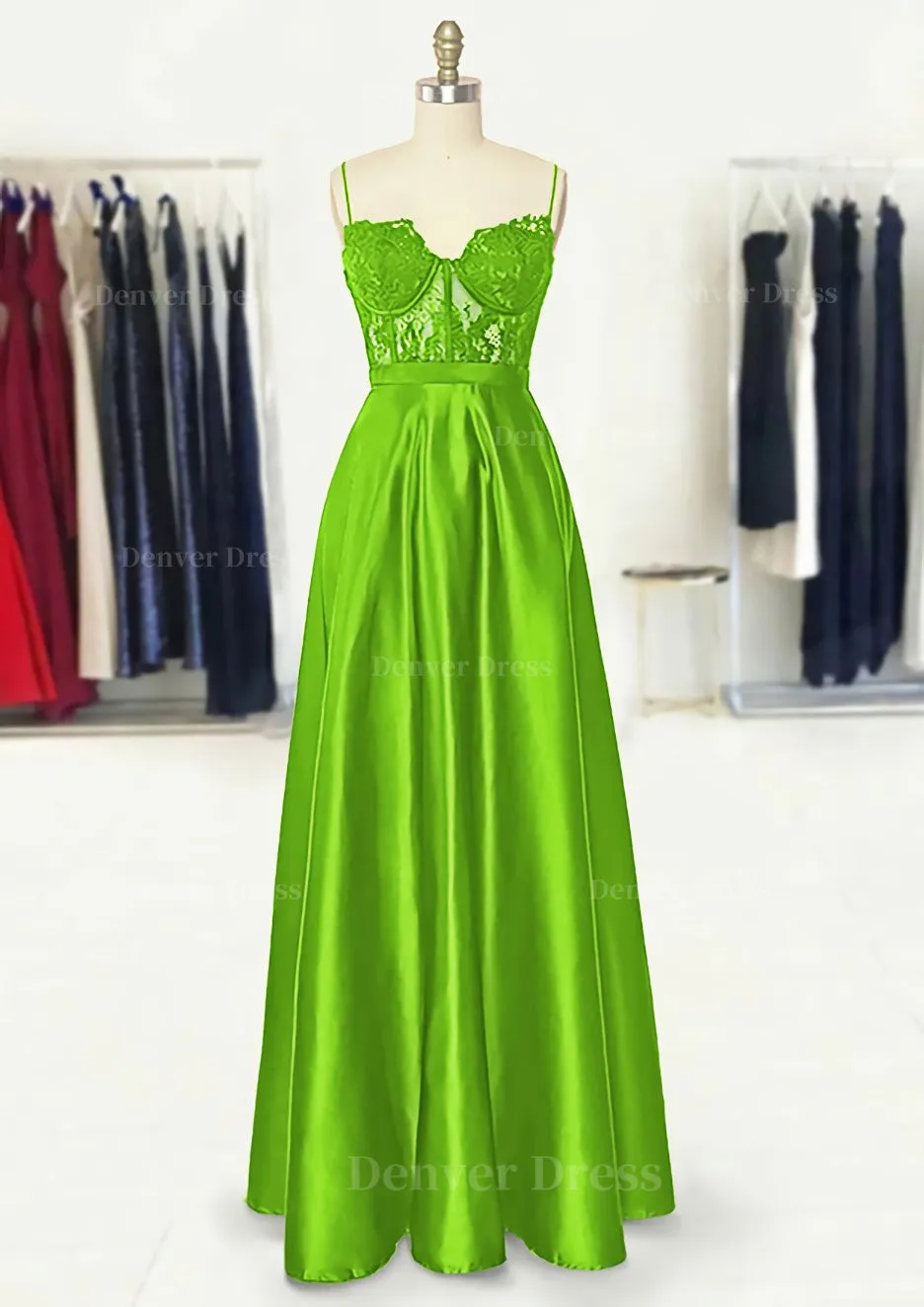 A-line Sweetheart Spaghetti Straps Long/Floor-Length Satin Prom Dress With Appliqued Pockets