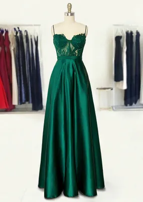 A-line Sweetheart Spaghetti Straps Long/Floor-Length Satin Prom Dress With Appliqued Pockets