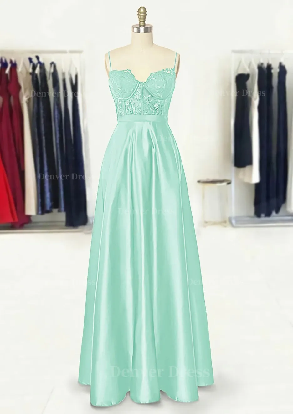 A-line Sweetheart Spaghetti Straps Long/Floor-Length Satin Prom Dress With Appliqued Pockets