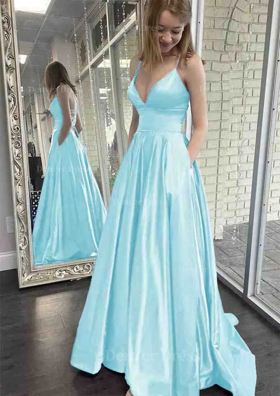 A-line V Neck Spaghetti Straps Sweep Train Charmeuse Prom Dress With Pockets