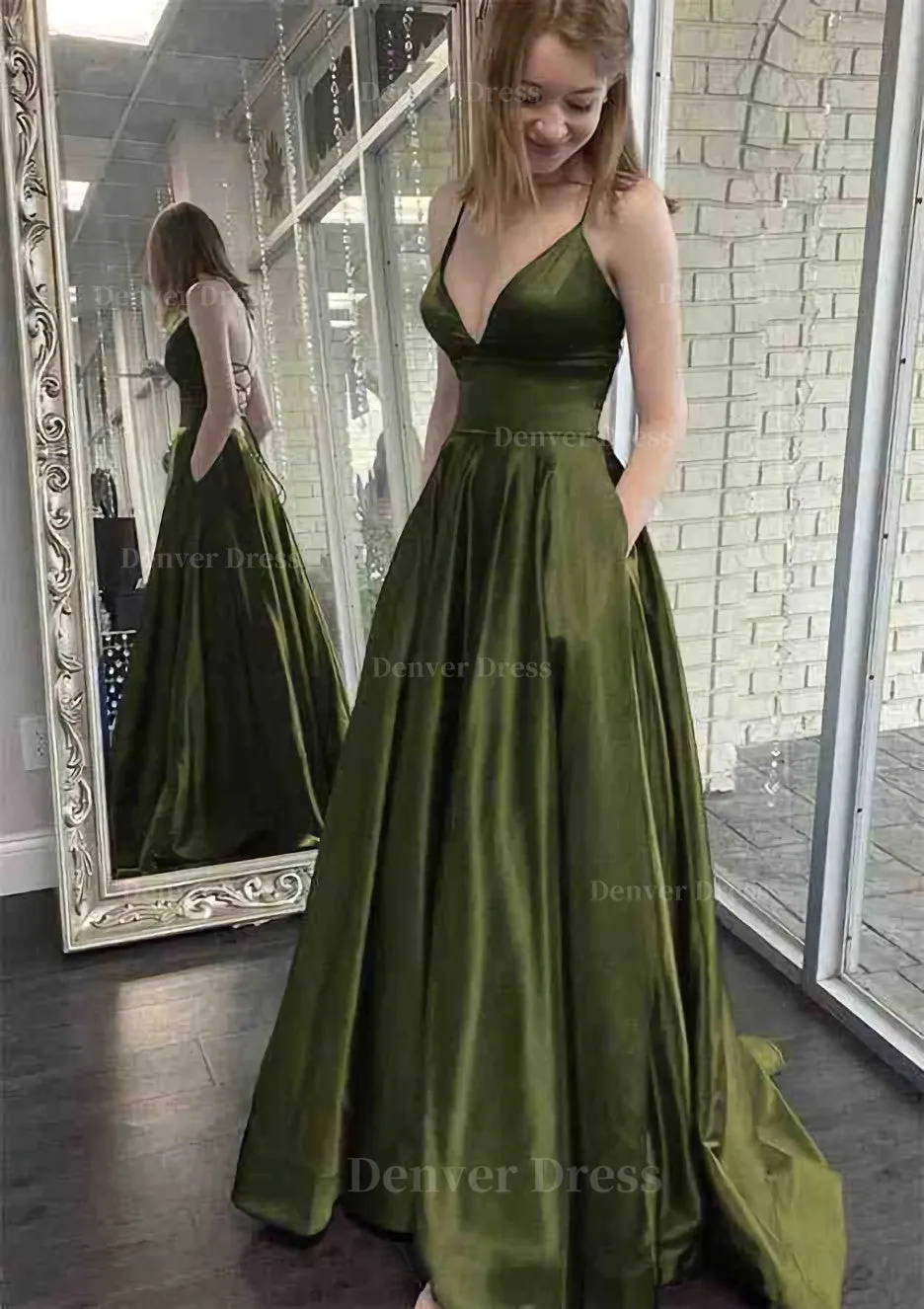 A-line V Neck Spaghetti Straps Sweep Train Charmeuse Prom Dress With Pockets