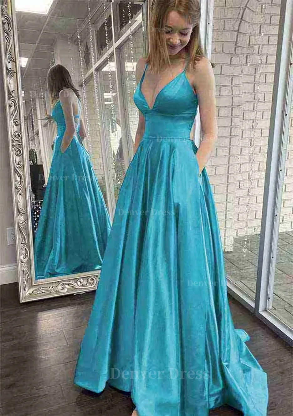 A-line V Neck Spaghetti Straps Sweep Train Charmeuse Prom Dress With Pockets