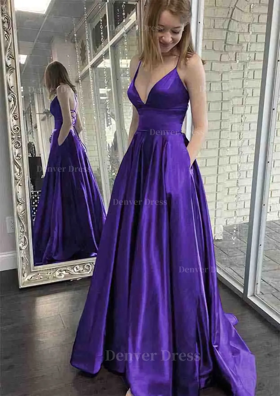 A-line V Neck Spaghetti Straps Sweep Train Charmeuse Prom Dress With Pockets