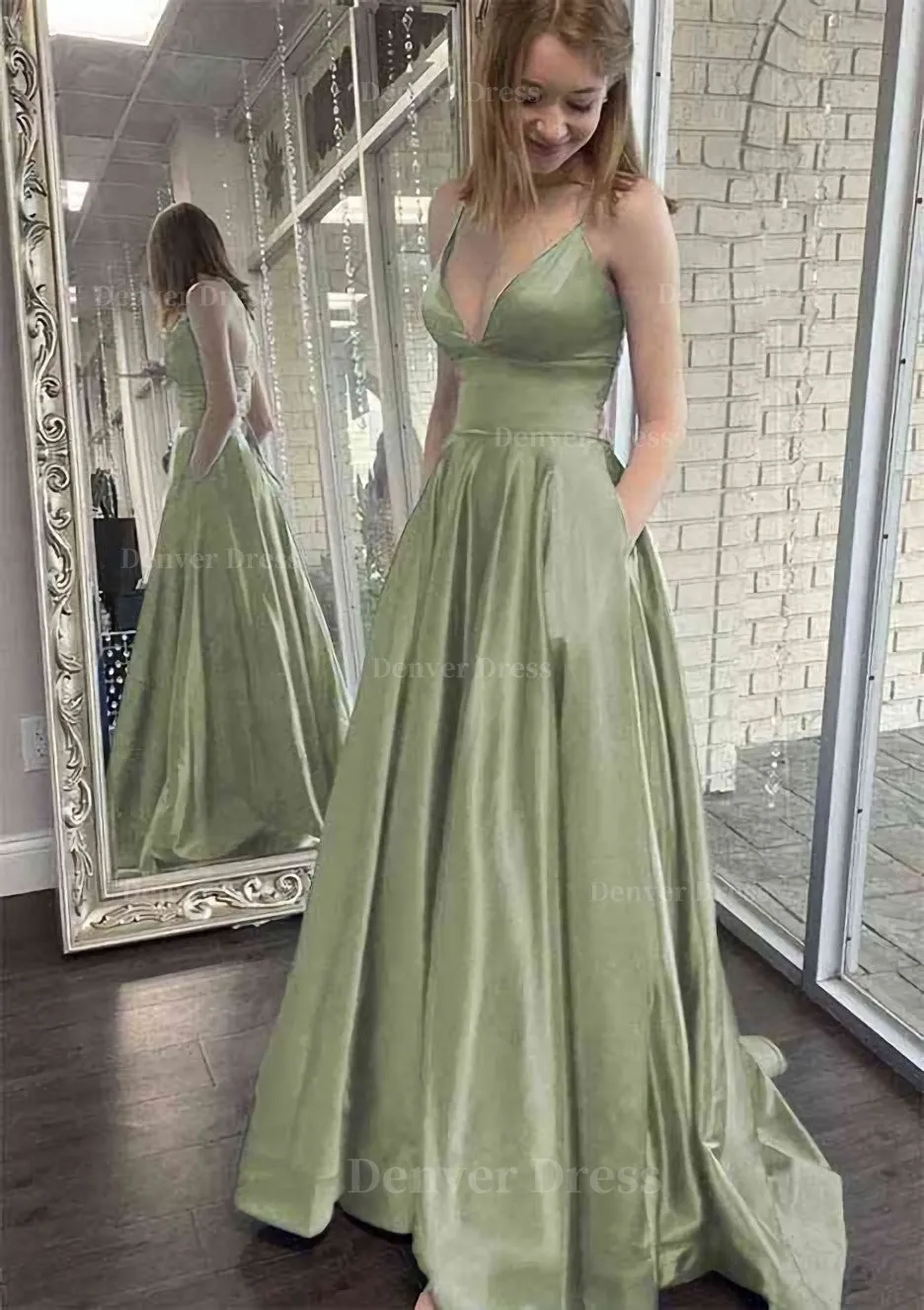 A-line V Neck Spaghetti Straps Sweep Train Charmeuse Prom Dress With Pockets