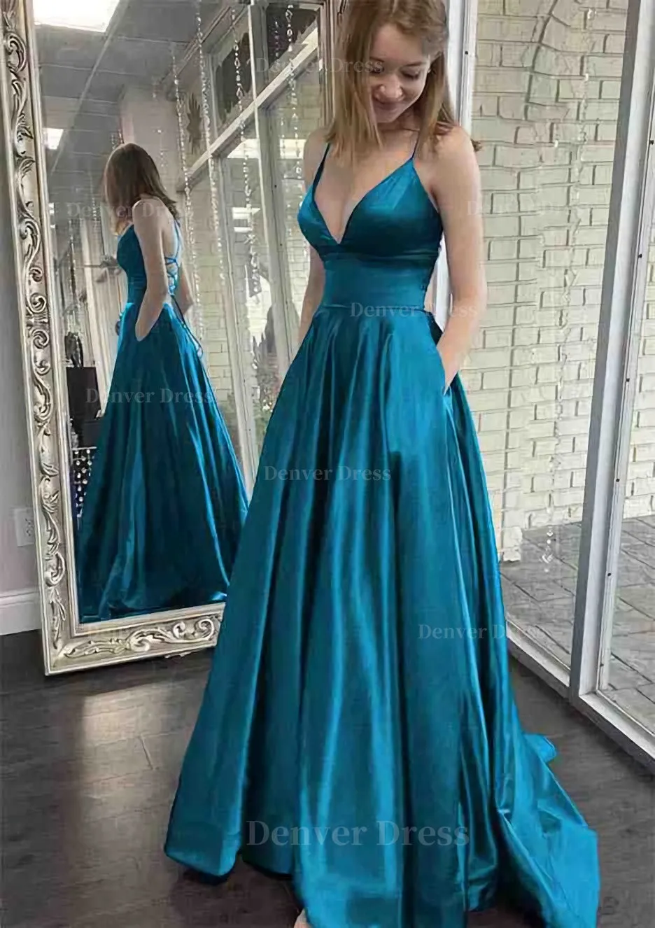 A-line V Neck Spaghetti Straps Sweep Train Charmeuse Prom Dress With Pockets