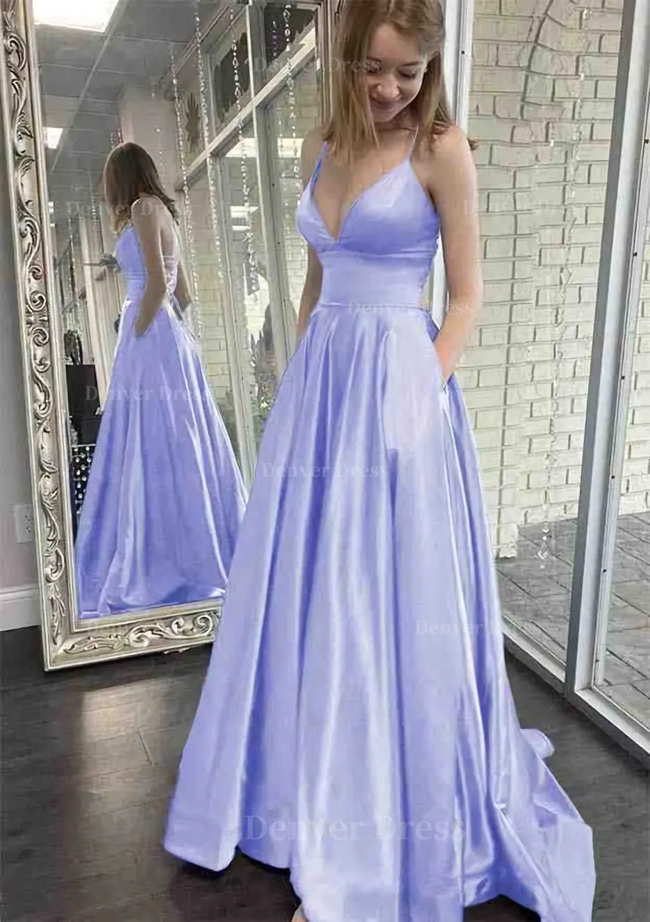 A-line V Neck Spaghetti Straps Sweep Train Charmeuse Prom Dress With Pockets