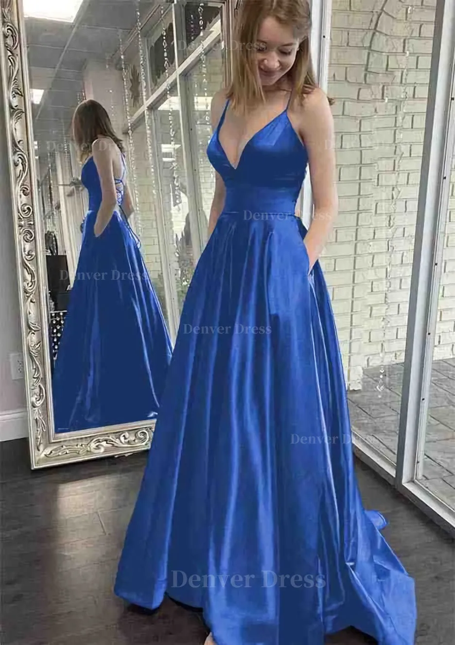 A-line V Neck Spaghetti Straps Sweep Train Charmeuse Prom Dress With Pockets