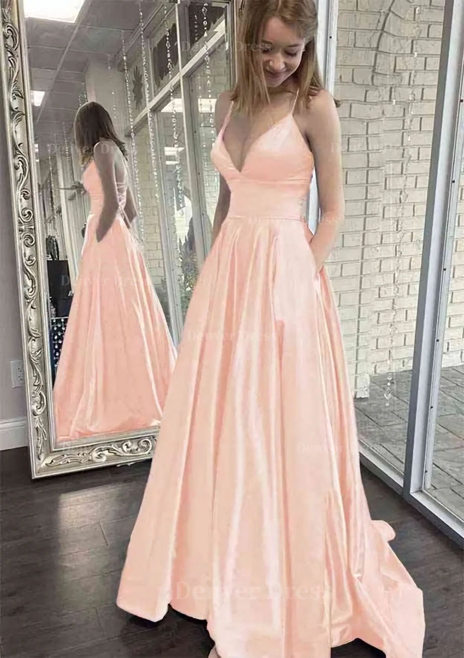 A-line V Neck Spaghetti Straps Sweep Train Charmeuse Prom Dress With Pockets