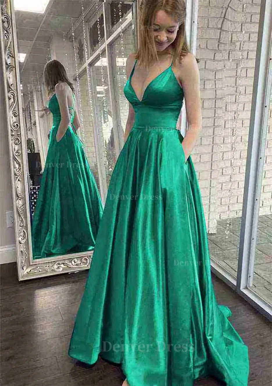 A-line V Neck Spaghetti Straps Sweep Train Charmeuse Prom Dress With Pockets