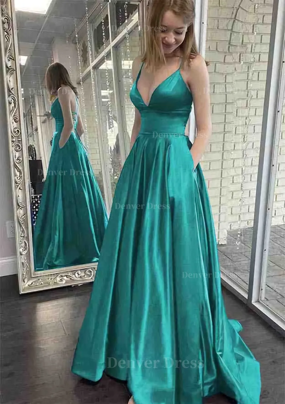 A-line V Neck Spaghetti Straps Sweep Train Charmeuse Prom Dress With Pockets