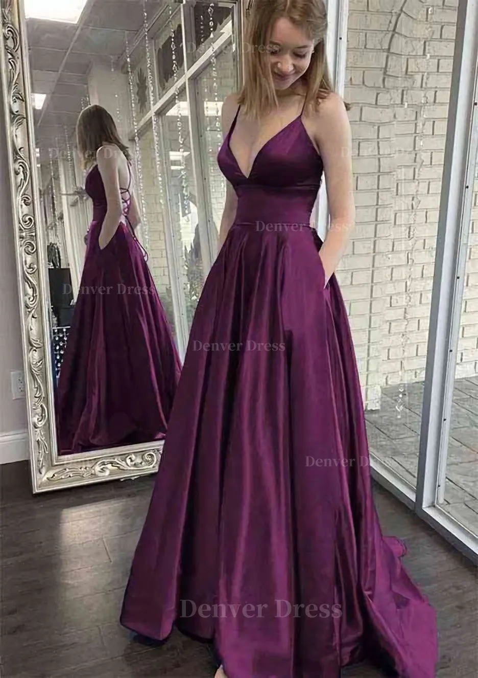 A-line V Neck Spaghetti Straps Sweep Train Charmeuse Prom Dress With Pockets