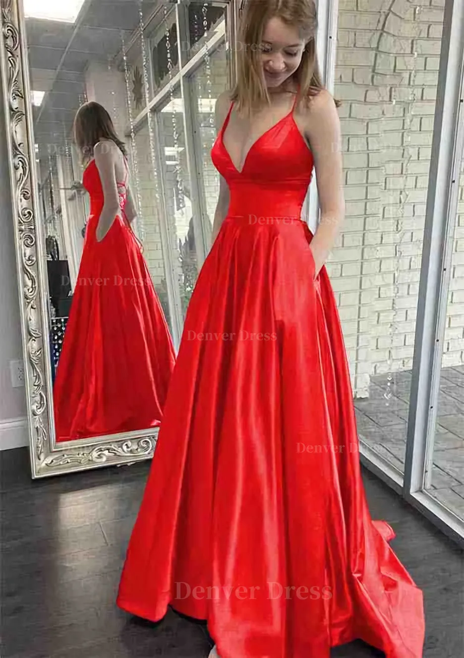 A-line V Neck Spaghetti Straps Sweep Train Charmeuse Prom Dress With Pockets