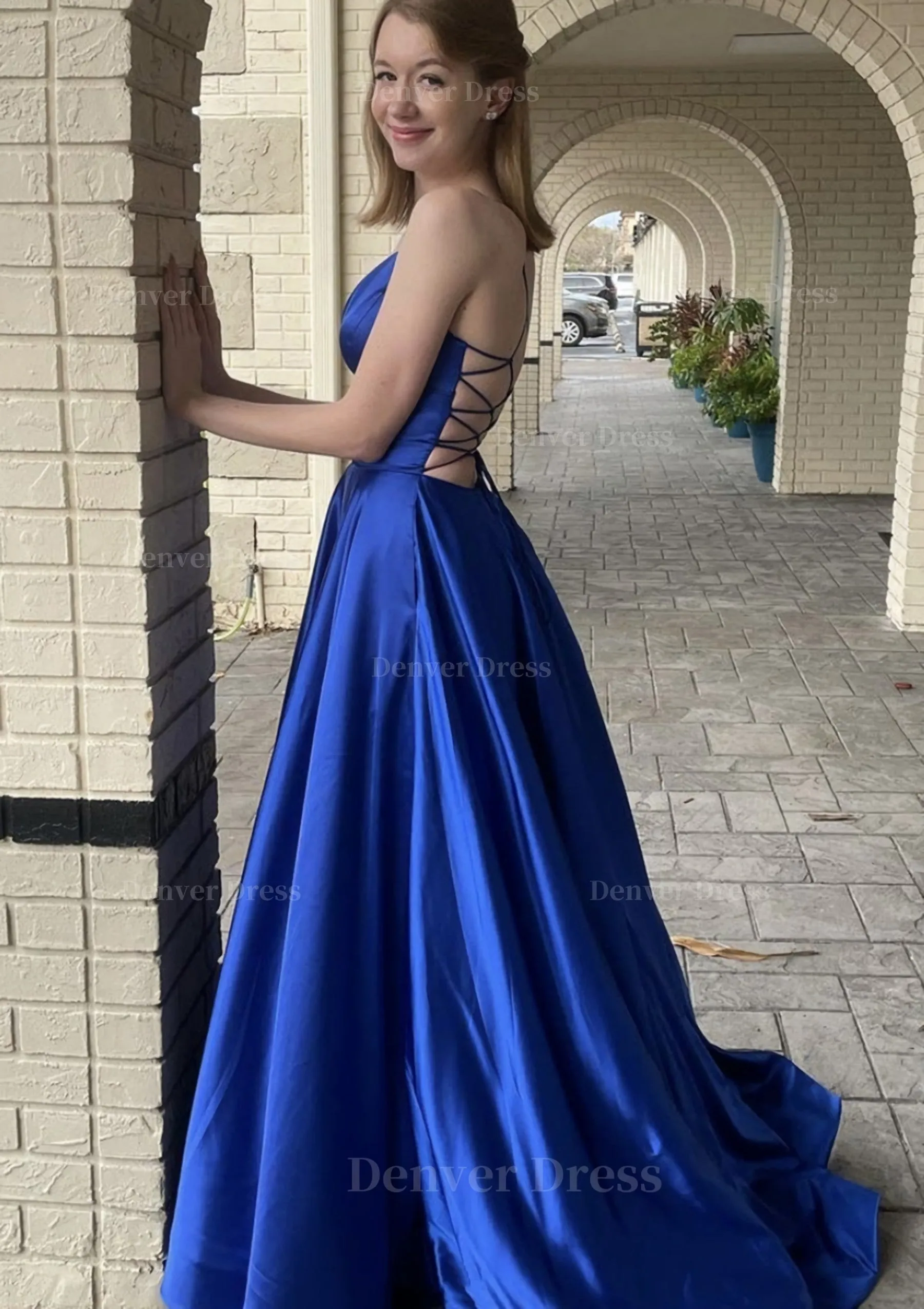 A-line V Neck Spaghetti Straps Sweep Train Charmeuse Prom Dress With Pockets