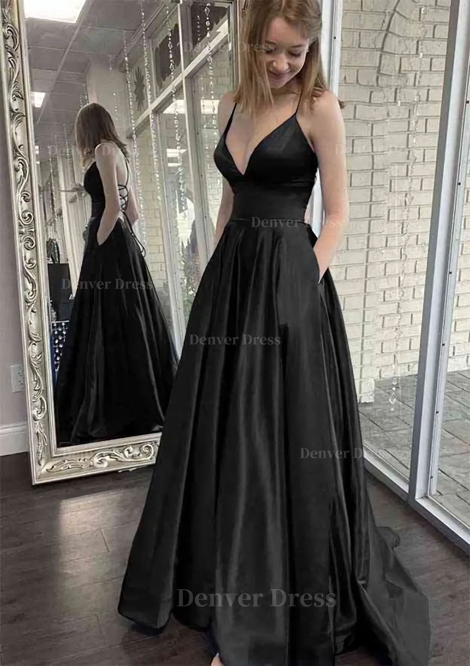 A-line V Neck Spaghetti Straps Sweep Train Charmeuse Prom Dress With Pockets