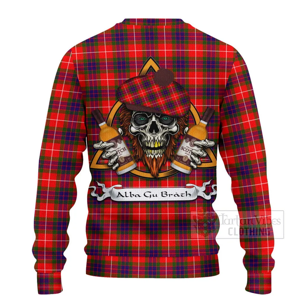 Abernethy Tartan Ugly Sweater with Family Crest and Bearded Skull Holding Bottles of Whiskey