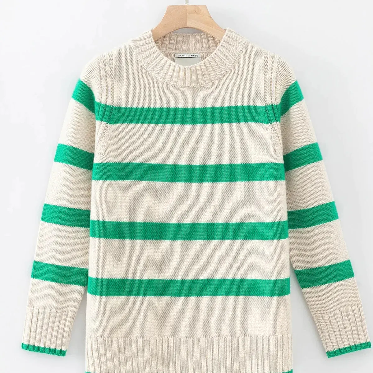 Aleger Cashmere Wide Stripe Crew Neck Sweater in Shelly and Kelly Green