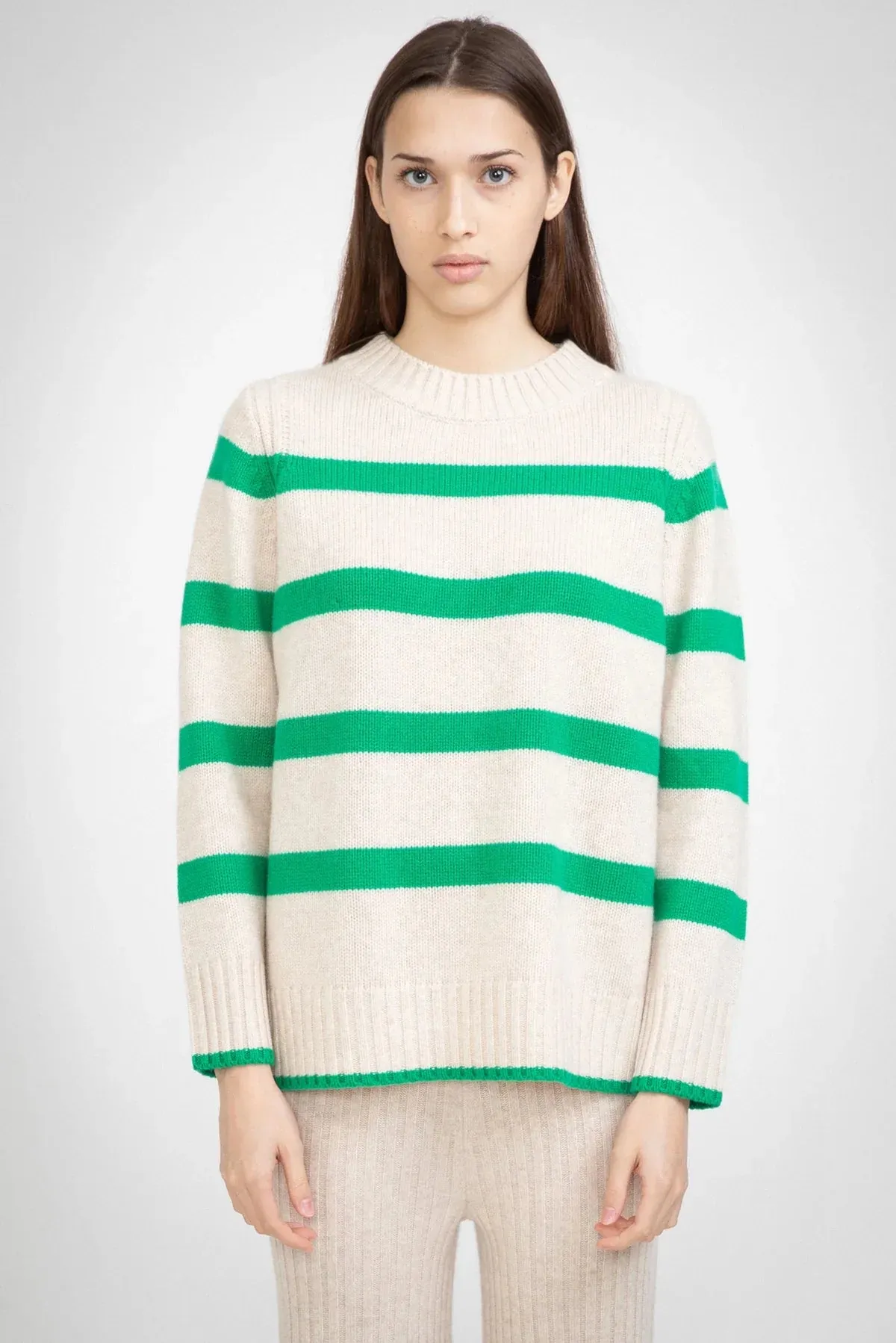 Aleger Cashmere Wide Stripe Crew Neck Sweater in Shelly and Kelly Green