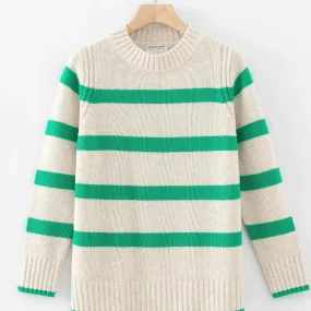 Aleger Cashmere Wide Stripe Crew Neck Sweater in Shelly and Kelly Green