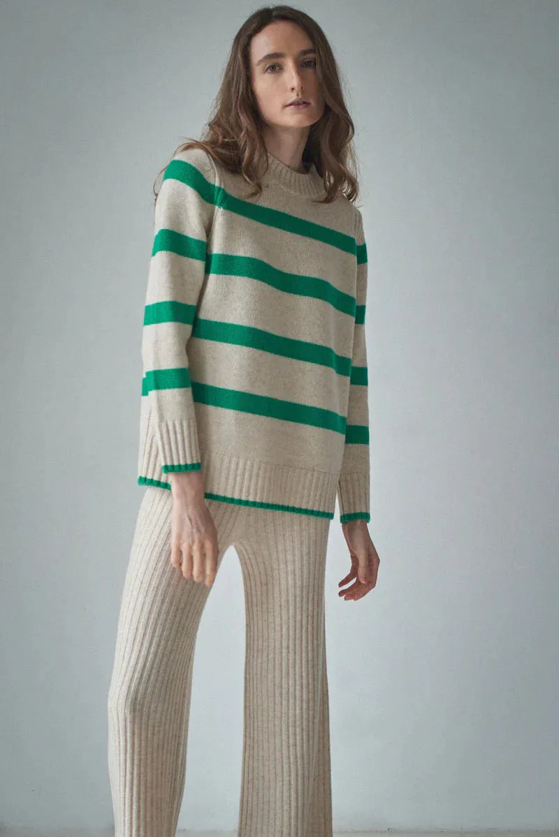 Aleger Cashmere Wide Stripe Crew Neck Sweater in Shelly and Kelly Green