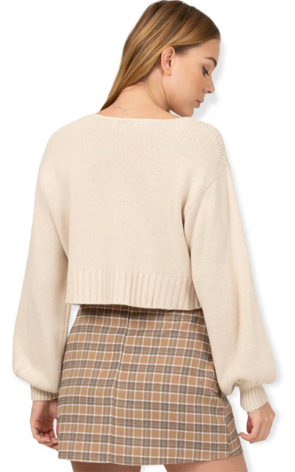 All To Myself Long Puff- Sleeve Cropped Sweater- Beige