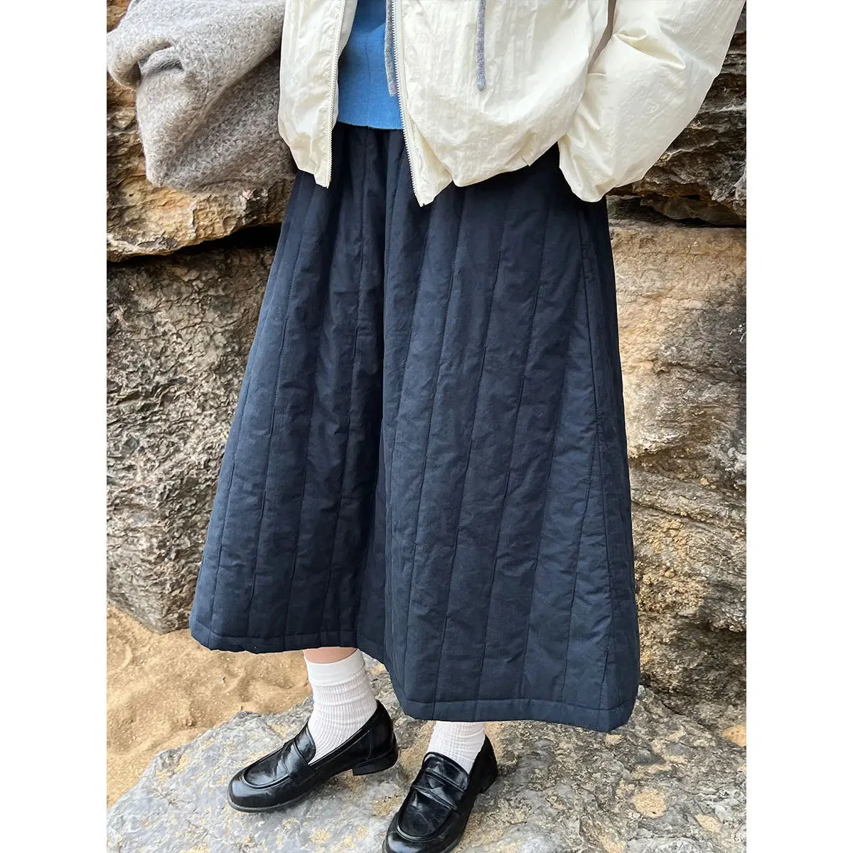 Amozae-Autumn Casual Outfits Amozae-Quilted A-Line Midi Skirt for Women, Loose Cotton Skirt, Waist, Autumn, Winter, 2024