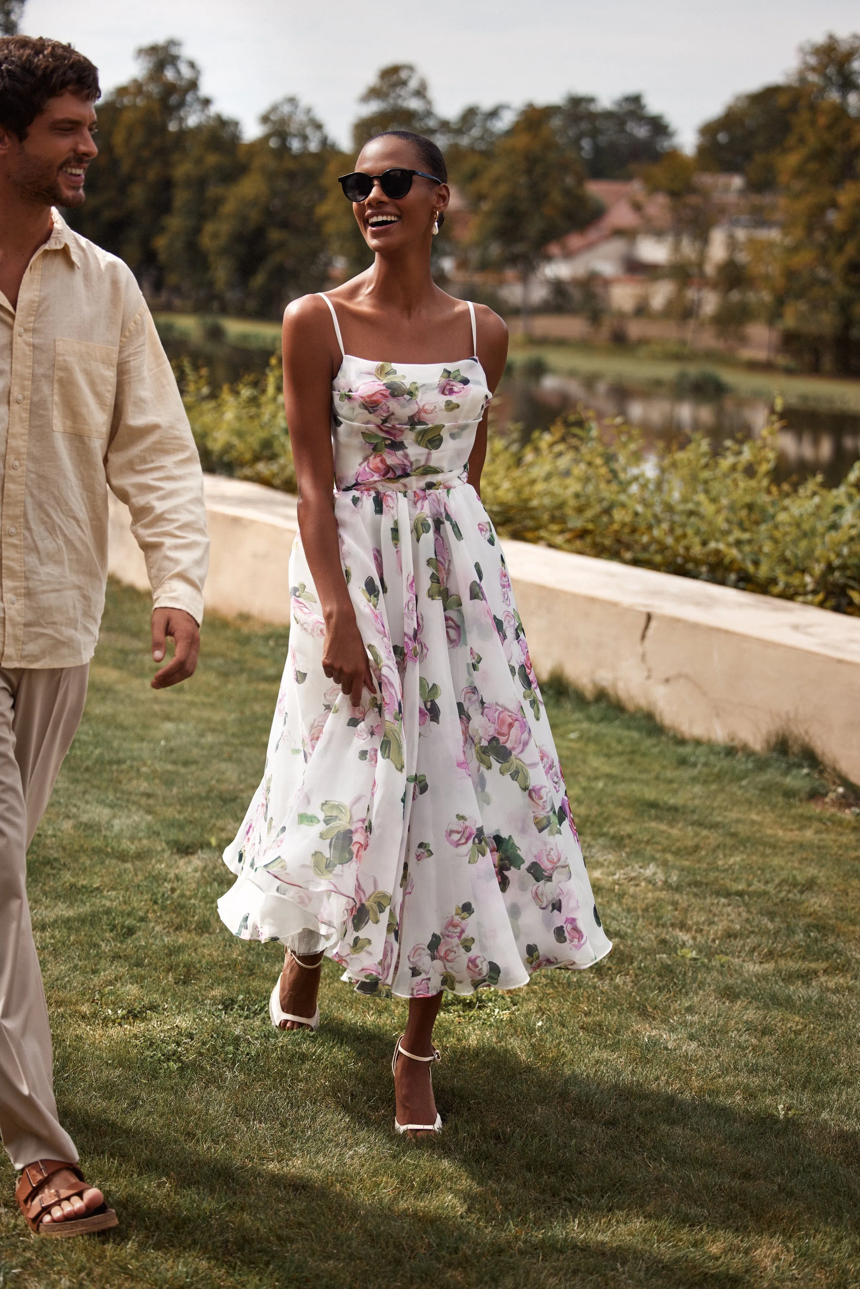 Apple Blossom spaghetti strap midi dress