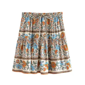 Ashore Shop Women Vintage Summer Ruffles Pleated Bohemian Skirt  Elegant Floral Printed Rayon Lady Boho Mini Skirts