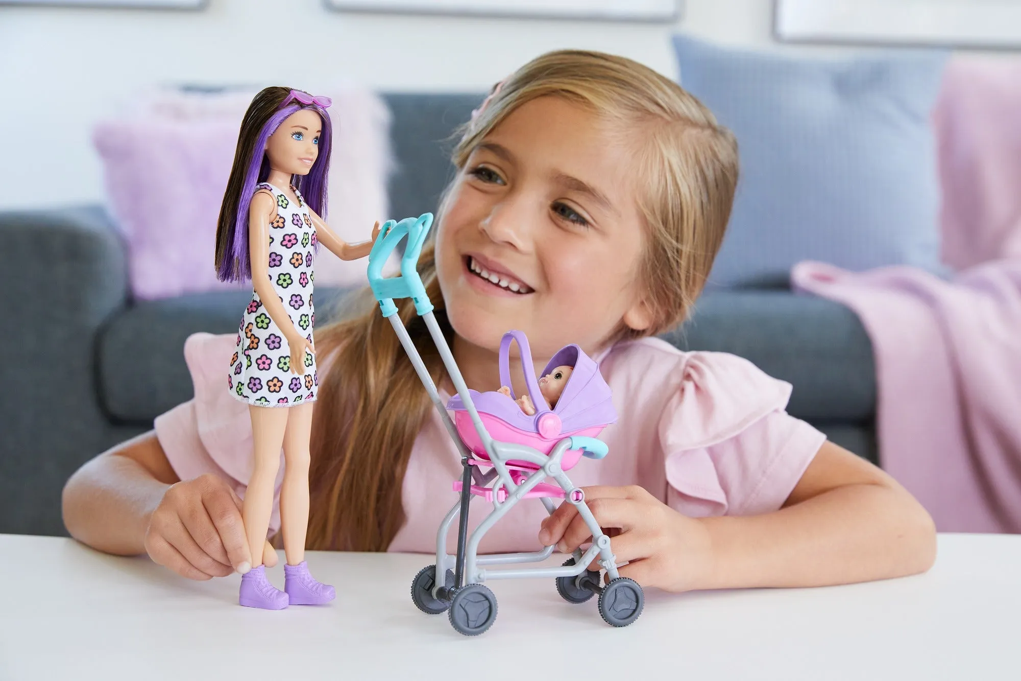 Barbie Skipper Babysitters Playset with Skipper Babysitter Brunette Doll, Stroller, Baby Doll & 5 Accessories for Kids Ages 3 Year & Up