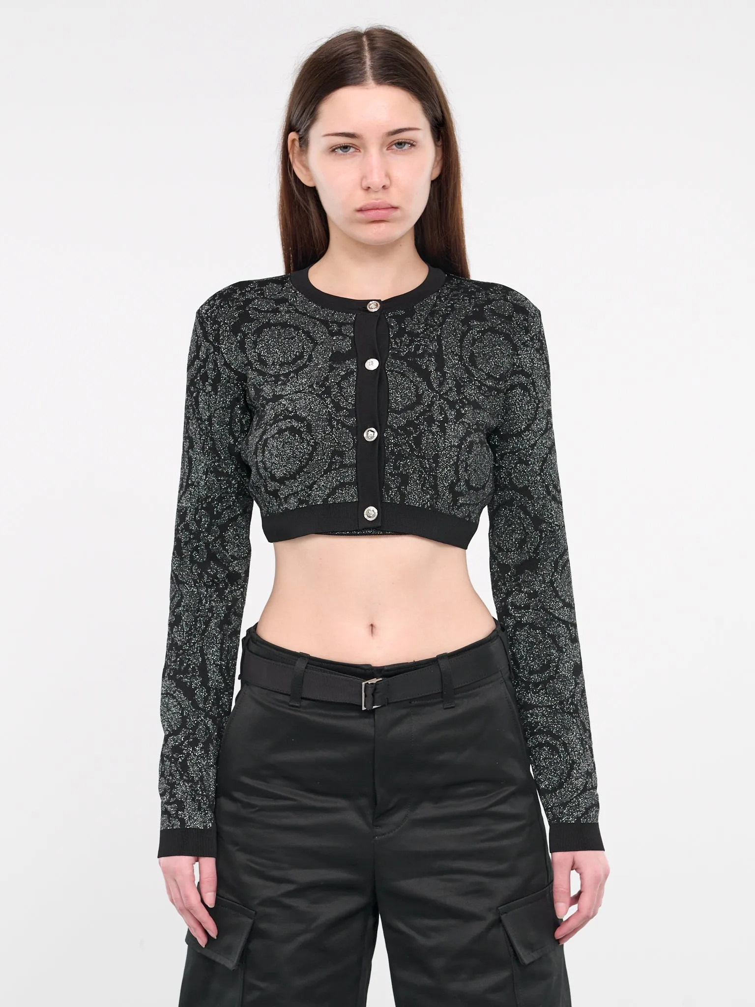 Barocco Lurex Crop Knit Cardigan (1011020-1B000-BLACK)