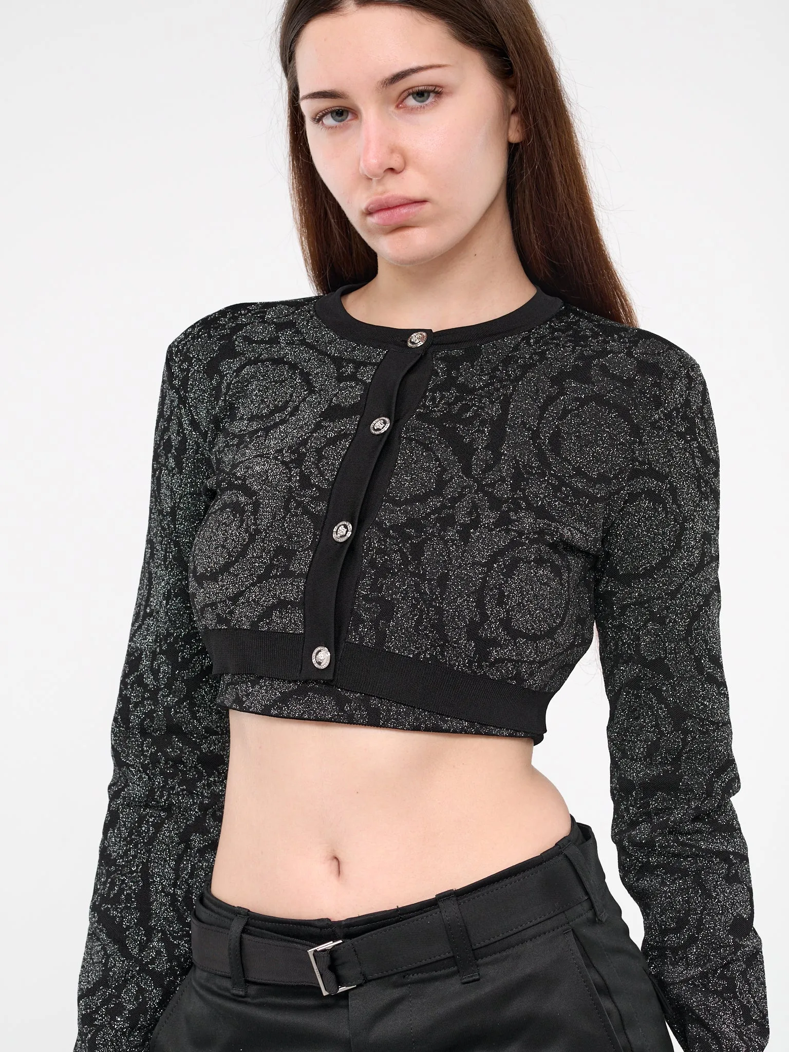 Barocco Lurex Crop Knit Cardigan (1011020-1B000-BLACK)